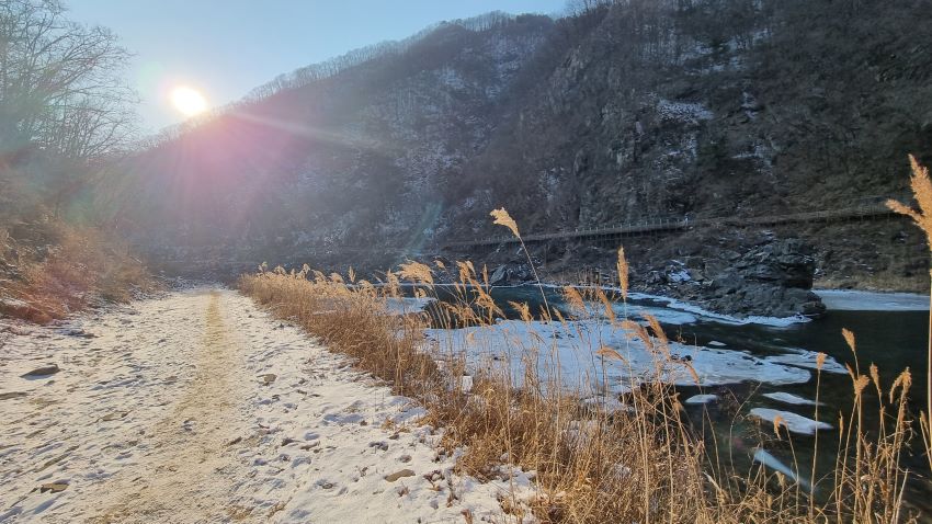 푸른 하늘&#44; 앞산에 걸린 기우는 해&#44; 역광&#44; 햇빛 머금은 갈대&#44; 억새&#44; 강 건너 데크길&#44; 얼어붙은 강물&#44;