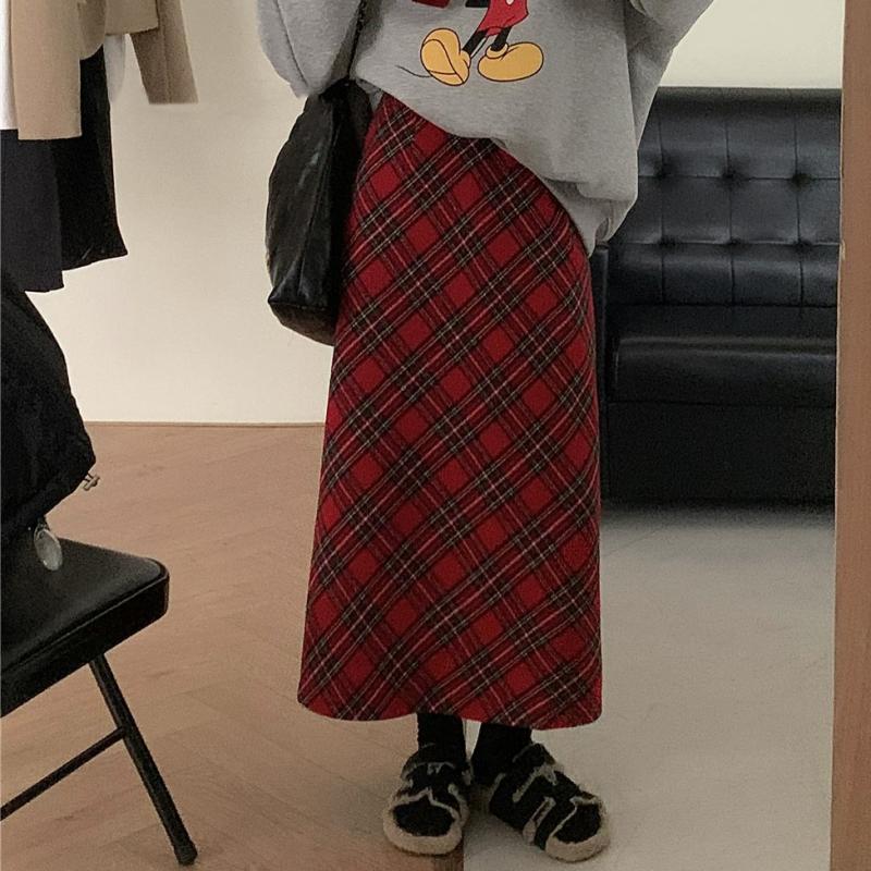 레드체크스커트 롱스커트 크리스마스룩