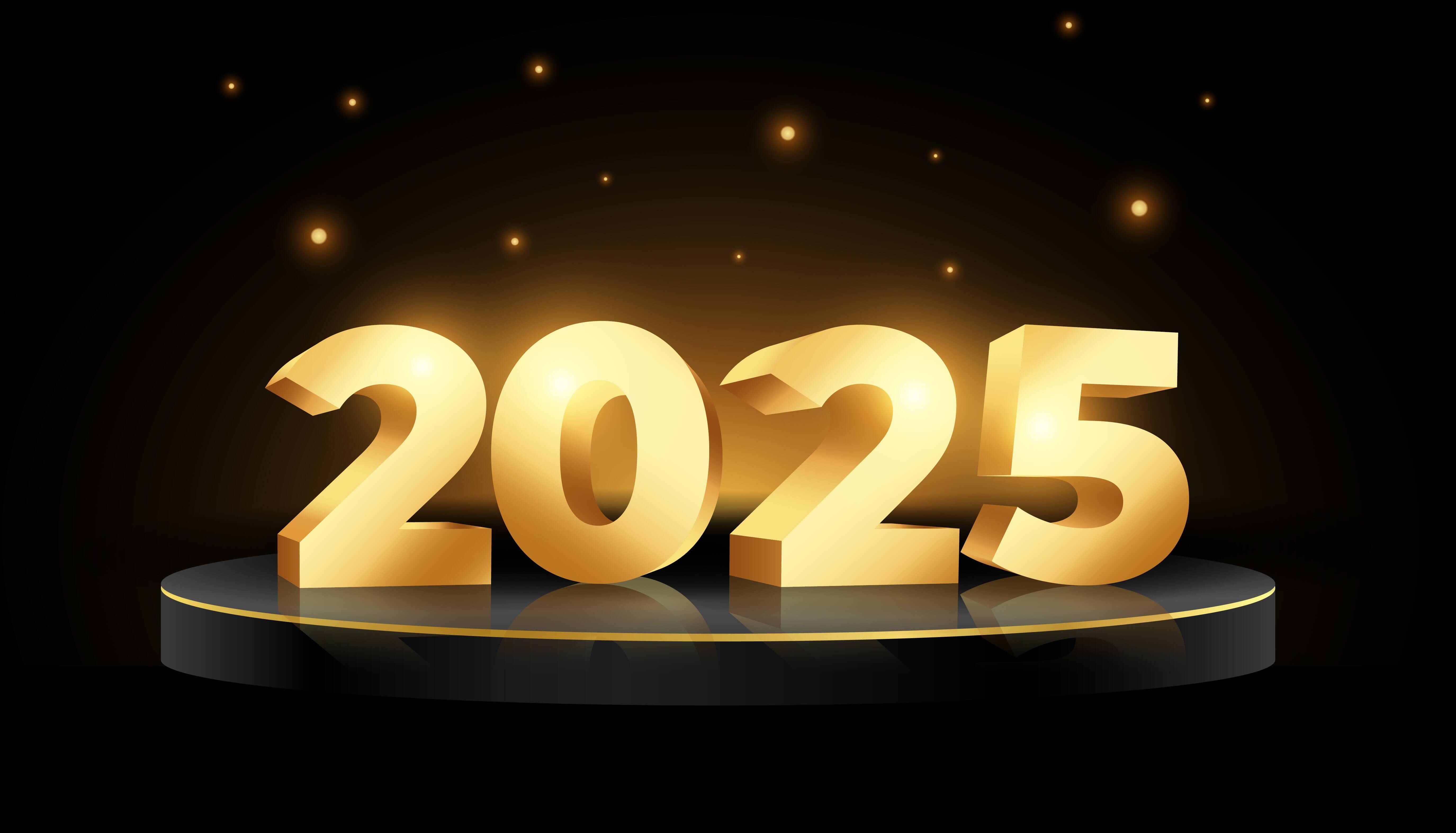2025년 을사년을 나타내는 숫자 2025가 황금색으로 그려져 있다.