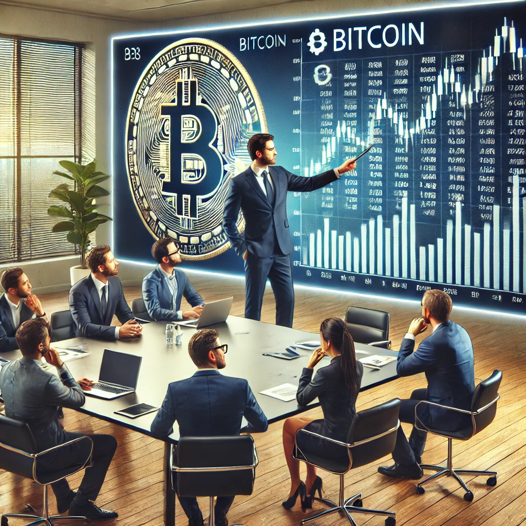 비즈니스 회의에서 비트코인 가격 차트를 논의하는 CEO