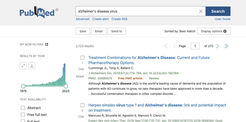 PUBMED에-알츠하이머-병과-바이러스를-검색하여-논문이-증가하고-있음을-보여주는-이미지