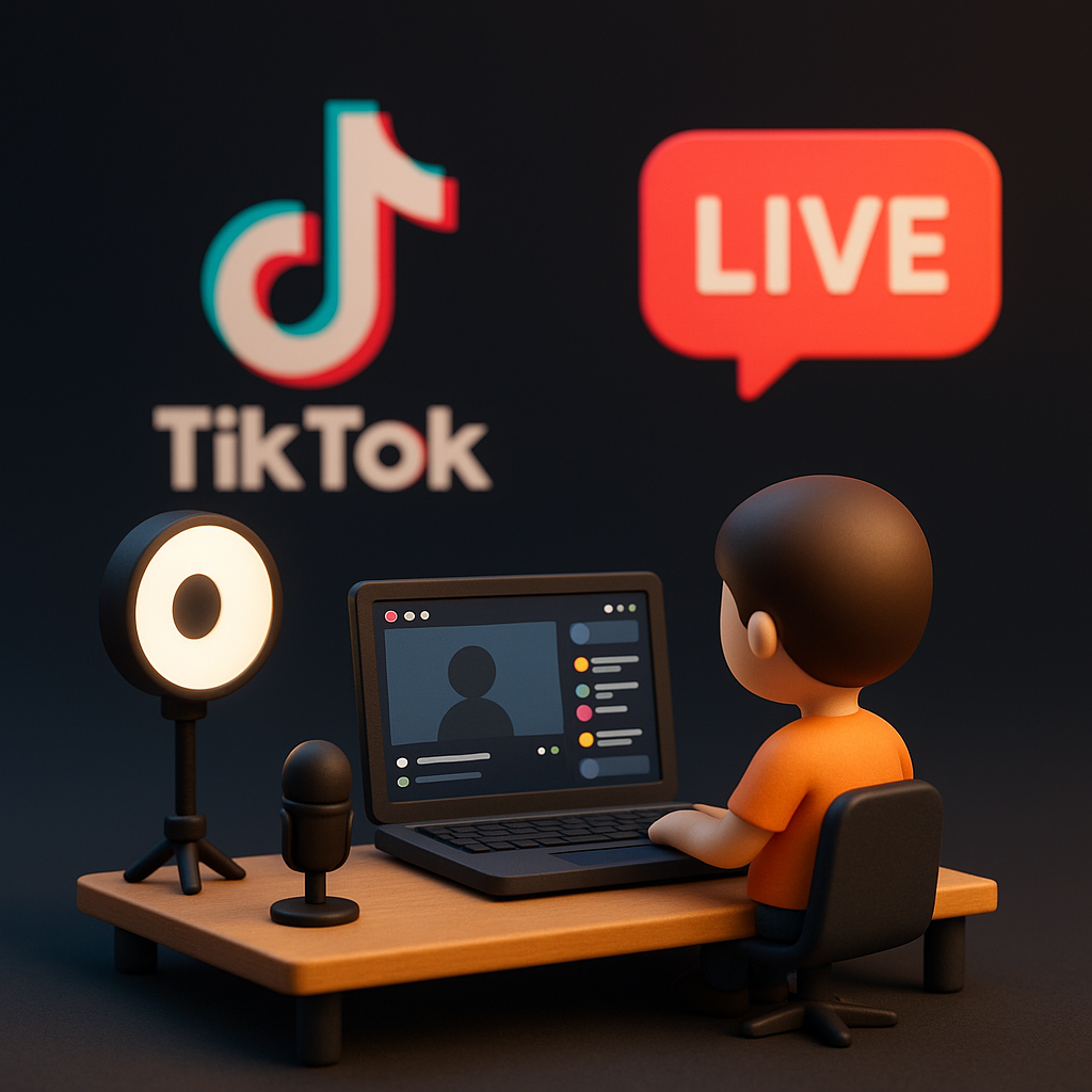 방송 스튜디오 세팅 장면. 작은 책상 위에 노트북, 조명, 마이크가 놓여 있고, 뒤에는 TikTok 로고와 'LIVE' 아이콘이 떠 있는 어두운 배경. 사용자가 방송 준비를 하는 모습을 귀엽게 표현