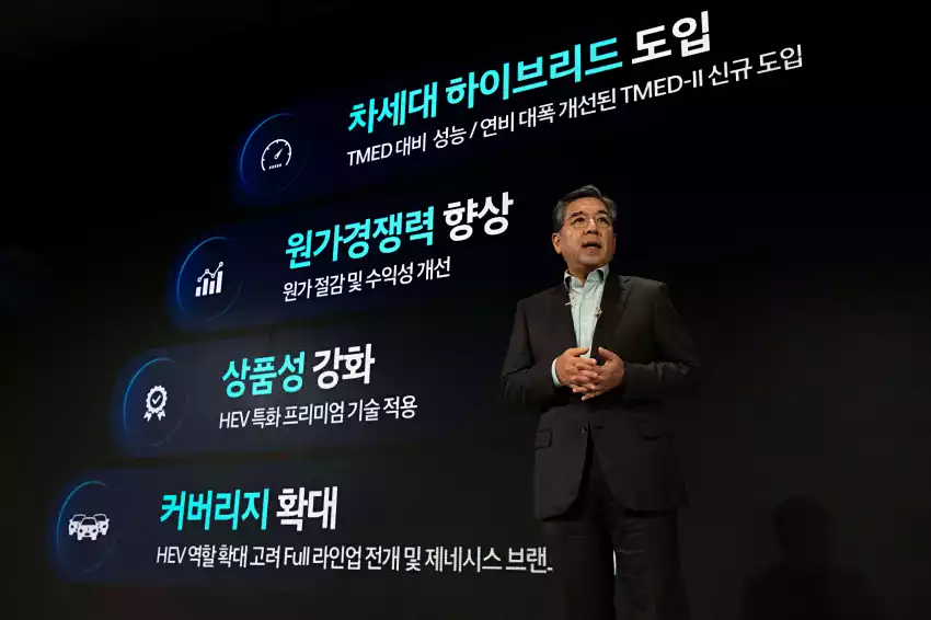 차세대 하이브리드를 비롯한 계획을 설명 중인 현대자동차 장재훈 사장입니다.