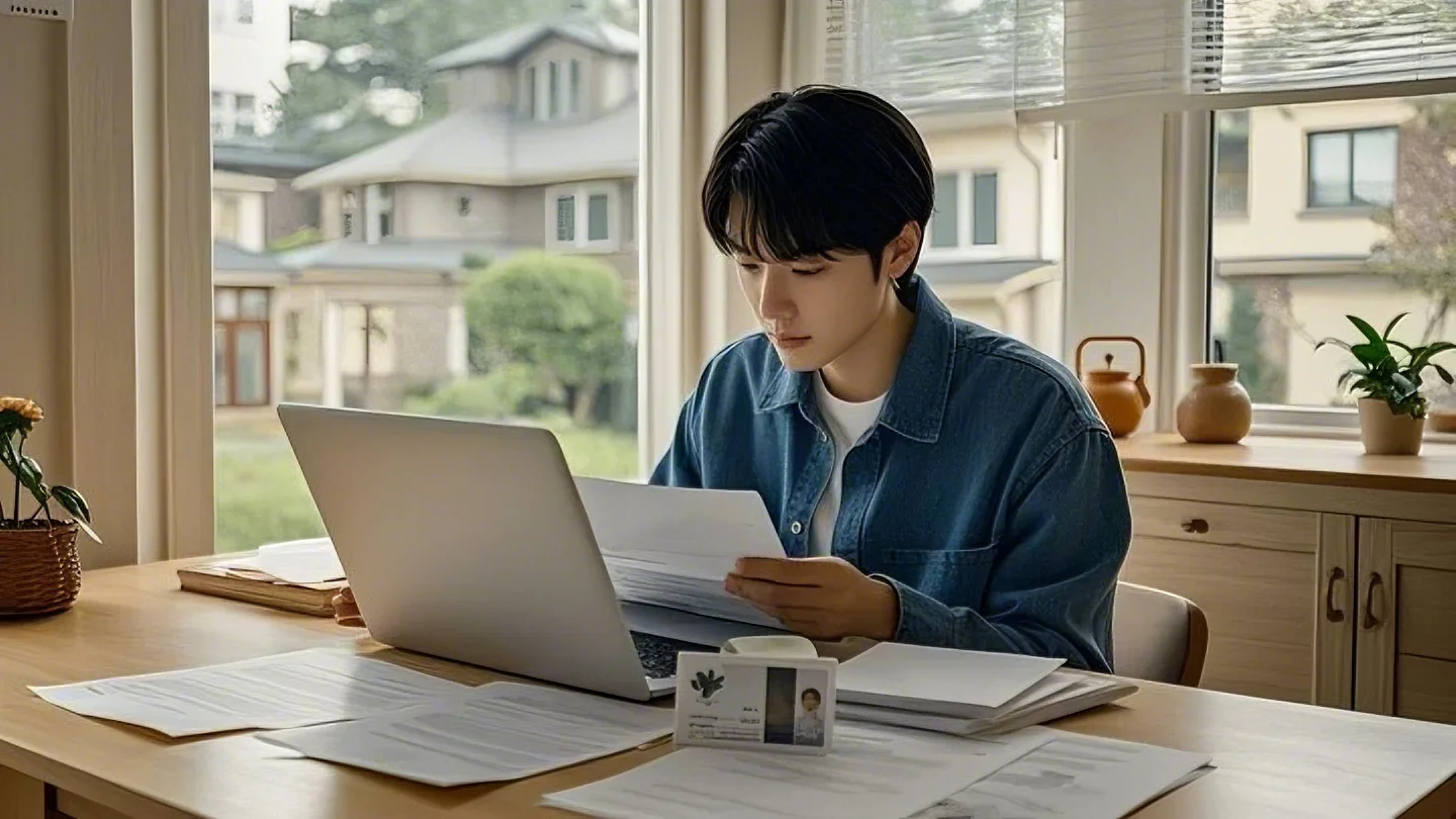 청년이 노트북과 각종 서류를 보며 교통법규, 복지 정책, 범죄 처벌 등 이를 미리 숙지하는 하는 장면