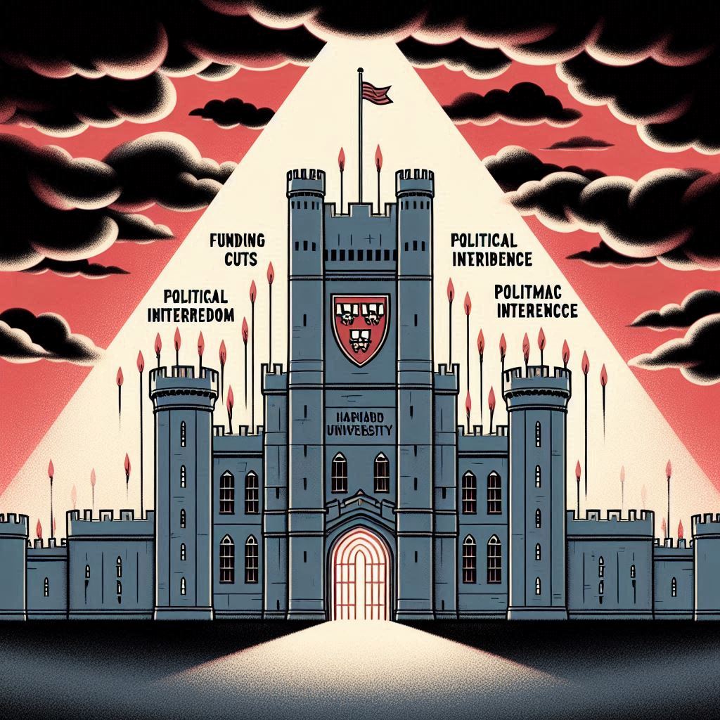 Illustration depicting Harvard University as a sturdy, historical fortress standing firm against a barrage of attacks (visualized as dark clouds or arrows labeled 'Funding Cuts', 'Political Interference'). The fortress glows slightly from within, representing resilience and commitment to principles like 'Academic Freedom'. Determined, principled mood.