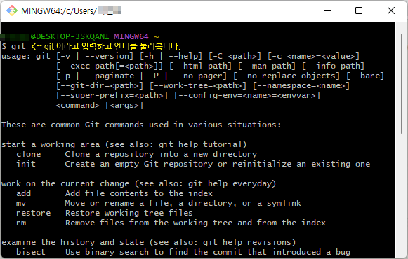 Git Bash 실행 화면 - git 명령어 실행 화면