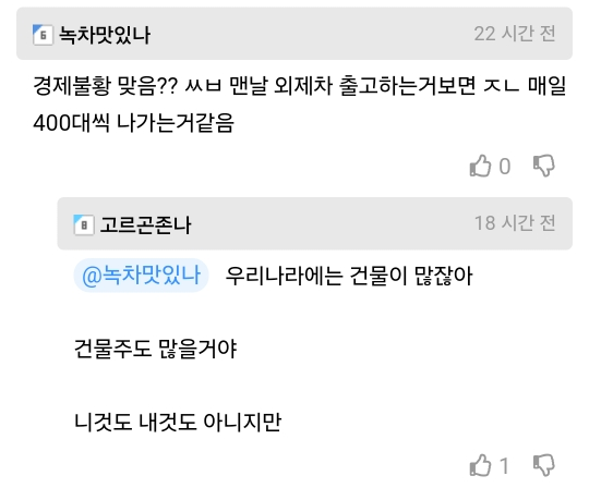 녹차맛있나
22 시간 전
경제불황 맞음?? ㅆㅂ 맨날 외제차 출고하는거보면 ㅈㄴ 매일 400대씩 나가는거같음
■ 고르곤존나
@녹차맛있나 우리나라에는 건물이 많잖아
건물주도 많을거야
니것도 내것도 아니지만
0
18 시간 전
1