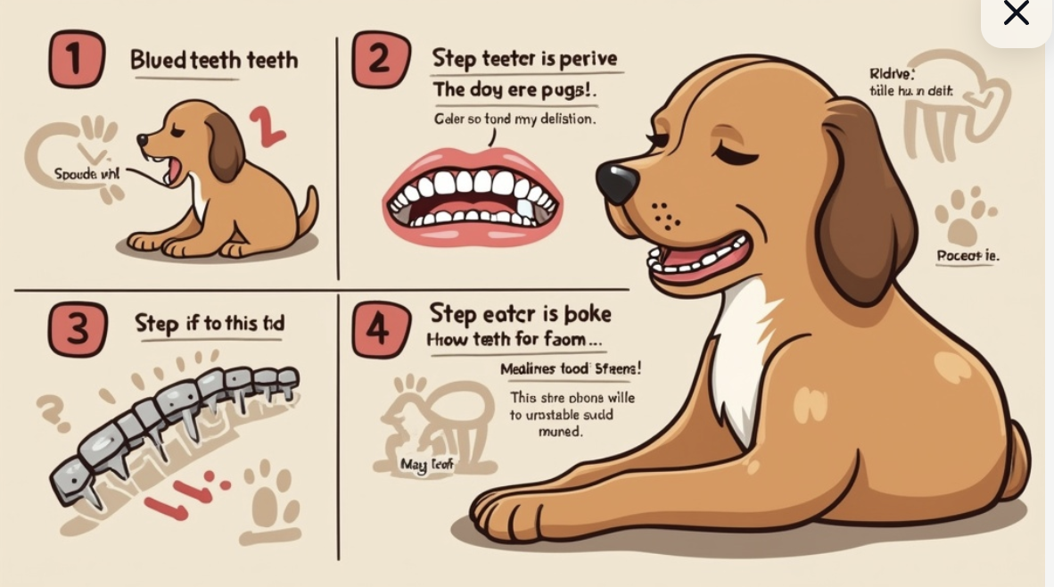 강아지 치아 파절의 응급처치부터 치료, 회복까지의 과정을 보여주는 단계별 의료 다이어그램
