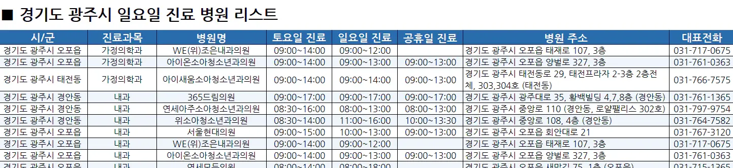 광주시-일요일-진료병원-리스트-예시