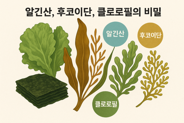 조류의 주요 성분인 알긴산, 후코이단, 클로로필을 설명하는 미역, 다시마, 김 등의 일러스트 이미지