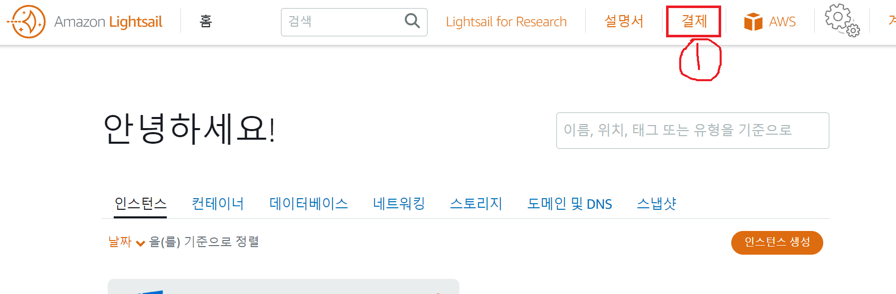 Amazon Lightsail 로그인 이후 웹페이지 화면