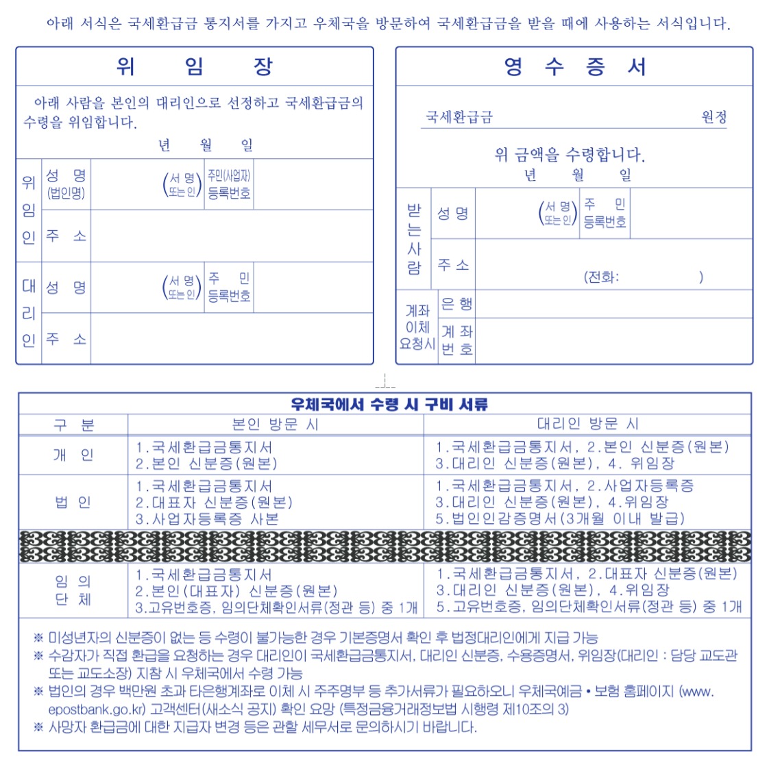 국세환급금 통지서 뒷면 우체국 수령 방법
