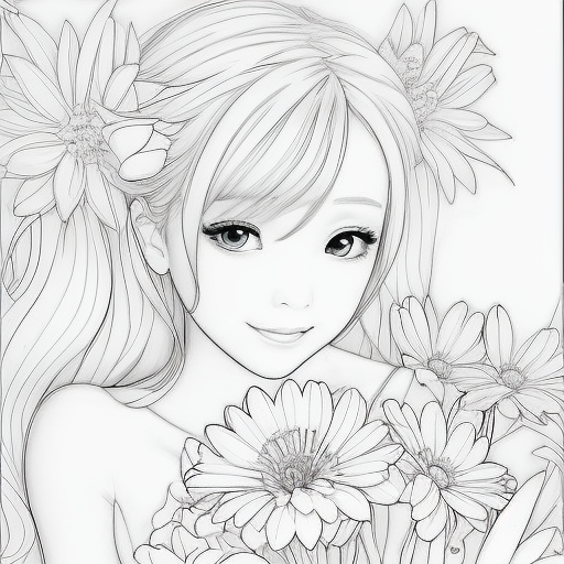 예쁜 여자아이가 꽃다발을 들고 있는 도안.