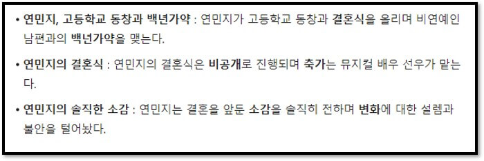 연민지&#44; 고등학교 동창과 백년가약 : 연민지가 고등학교 동창과 결혼식을 올리며 비연예인 남편과의 백년가약을 맺는다.
연민지의 결혼식 : 연민지의 결혼식은 비공개로 진행되며 축가는 뮤지컬 배우 선우가 맡는다.
연민지의 솔직한 소감 : 연민지는 결혼을 앞둔 소감을 솔직히 전하며 변화에 대한 설렘과 불안을 털어놨다.