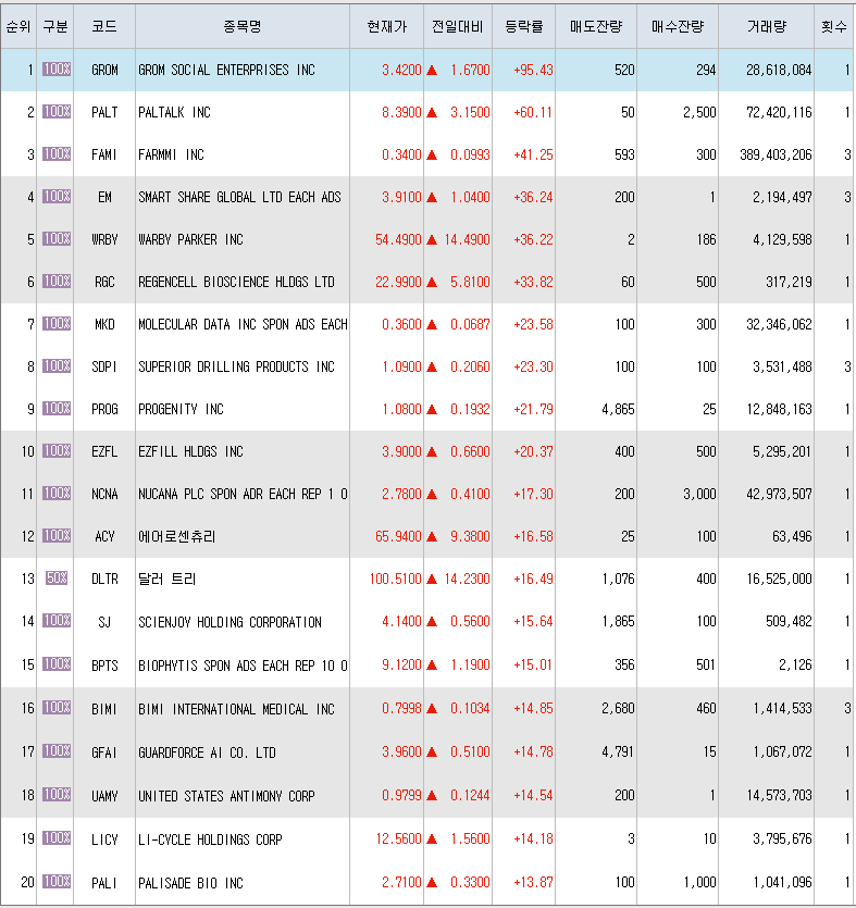  9월29일 미국주식 상승률 상위 종목 TOP 300