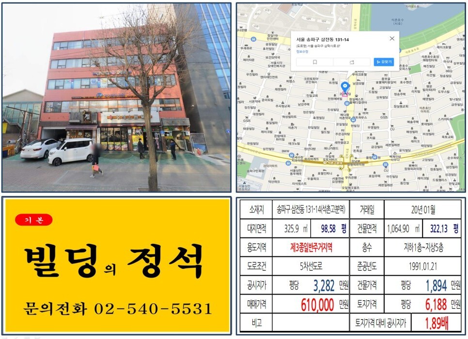 [송파구 9호선 역세권 대로변 60억 꼬마빌딩 실거래가 조회] 삼전동 131-14 (석촌고분역) 61억 원, 평당 6,188만 원 매매되었습니다
