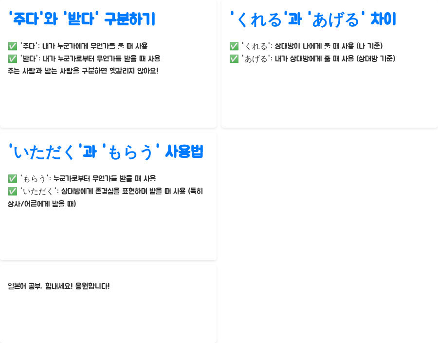 일본어 강의: '주다'와 '받다' 완벽 마스터하기! 헷갈리는 건 이제 그만! - 주다와 받다, 어떻게 익히면 좋을까요? 일본어 강의: '주다'와 '받다' 완벽 마스터하기! 헷갈리는 건 이제 그만! - 주다와 받다, 어떻게 익히면 좋을까요?