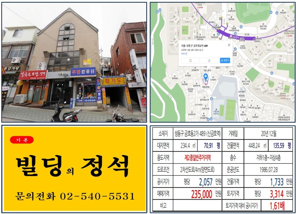  [성동구 금호단길 20억 올근생 꼬마빌딩 실거래가 조회] 금호동2가 489 (신금호역) 23.5억 원, 평당 3,314만 원 매매되었습니다. 금호16구역, 금호22구역 재개발
