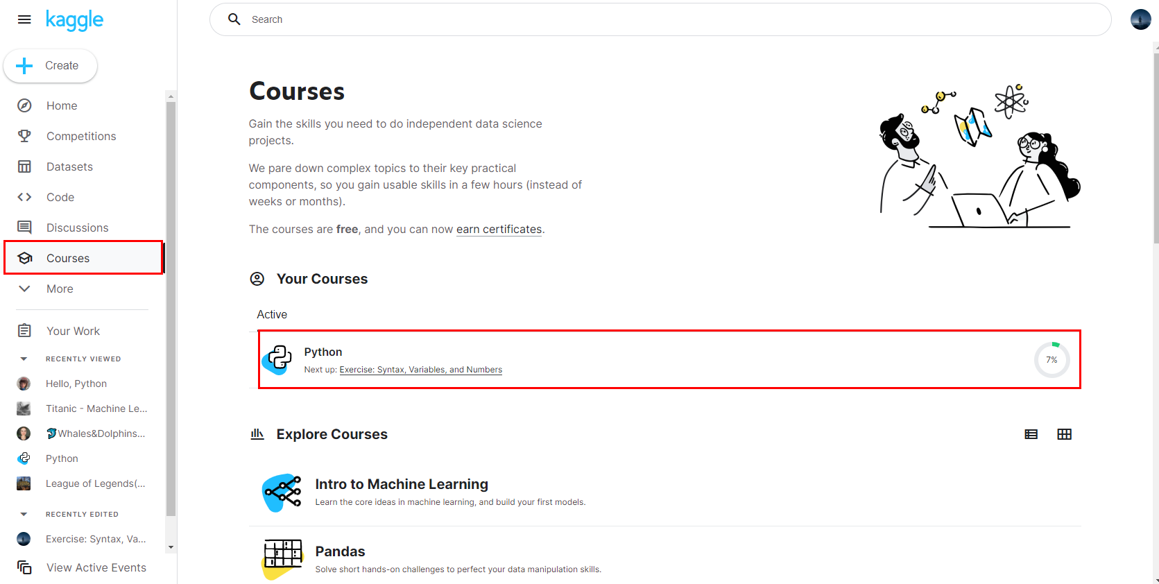  [Kaggle/캐글] 코스(Course) 하는 방법: Exercise 제출/정답확인, 진행도 올리기