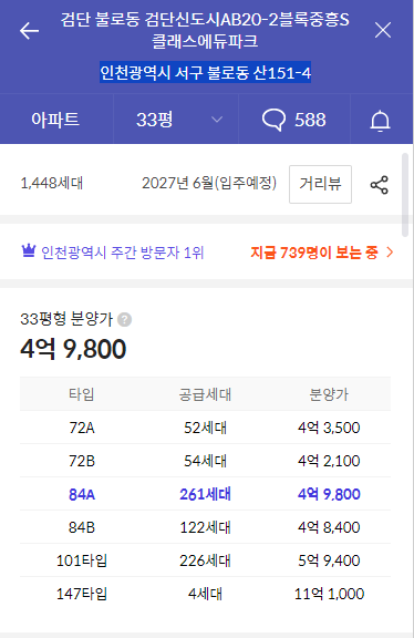 인천 검단신도시 AB20-2블록 중흥S-클래스 에듀파크 아파트-가격정보