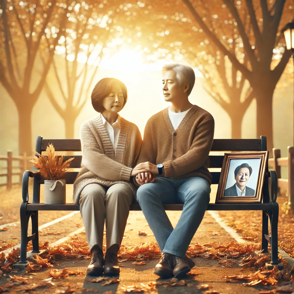 미래를같이 소중히 약속한 중년부부가 유족연금을 신청하기위해 다짐하고있다. 