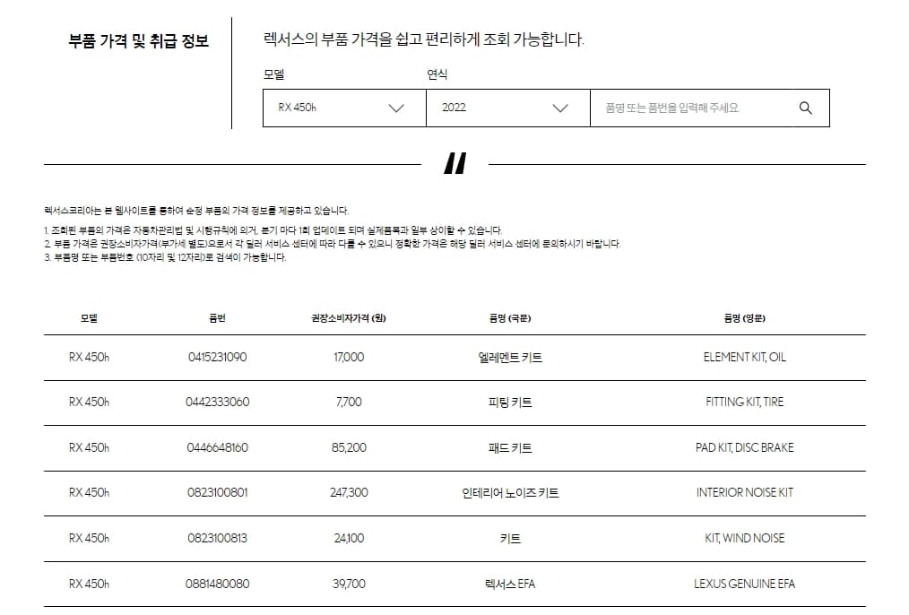 렉서스-부품가격조회