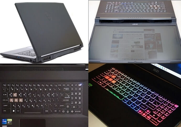 MSI 스워드 GF 76 게이밍 노트북의 외관 디자인으로 RGB가 들어온 키패드와 180도 펼쳐진 노트북 모습을 보여주고 있다.
