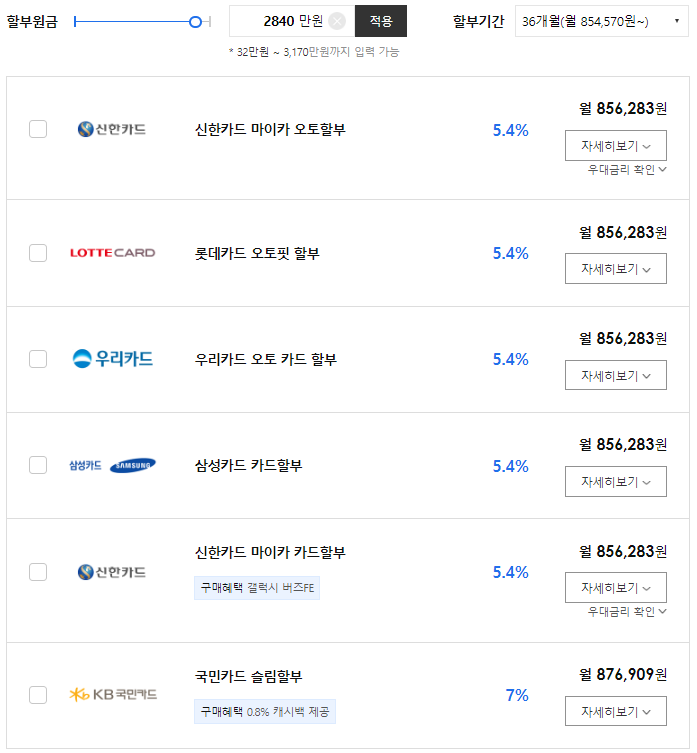 QM6 월 할부금(36개월 기준)