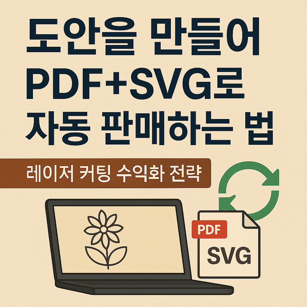 PDF와 SVG 도안 판매를 통한 레이저 커팅 자동 수익 가이드 썸네일 이미지. 초보자를 위한 디지털 도안 제작, 판매 플랫폼 추천, 수익화 전략까지 한눈에 볼 수 있도록 구성된 크림색 배경의 정보형 디자인 이미지.