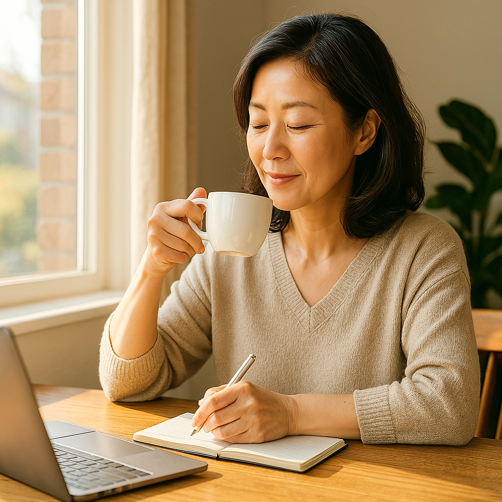 A retired Korean woman writing in a notebook while enjoying tea in a cozy morning – 은퇴 후 여유롭게 메모하며 차를 마시는 한국 여성