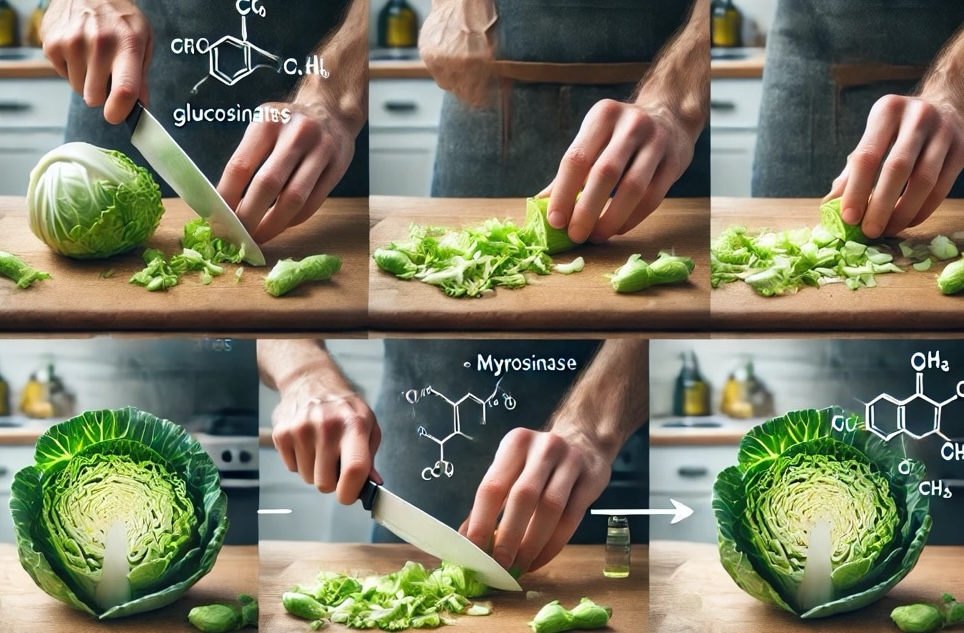 a sequence of steps_ chopping a cabbage into small pieces