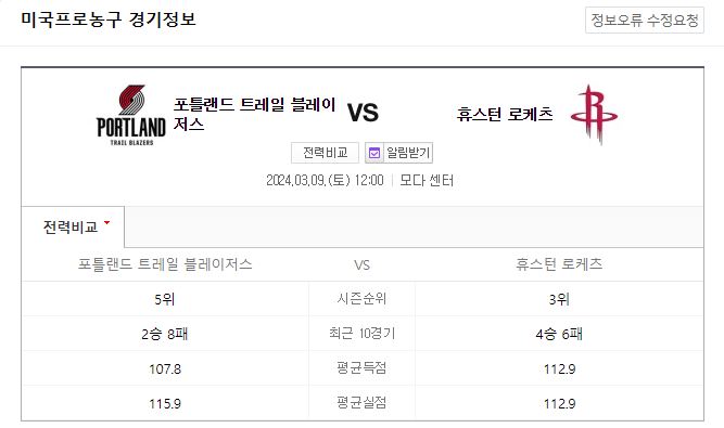  <NBA분석> 3월 9일 포틀랜드 휴스턴 해외농구중계 NBAMANIA