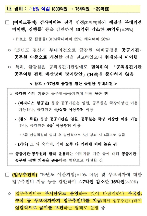 '금감원 운영혁신 추진현황 및 2019년도 금감원 예산안 확정' 문서 금감원이 업무추진비를 부서별로 운영하지 않고 부국장이나 수석 등 무보직자에게까지 '직위 업무추진비'를 지급해 실질적으로 급여를 보전하는 형태로 운영했다는 내용이다.
ⓒ 금융위원회