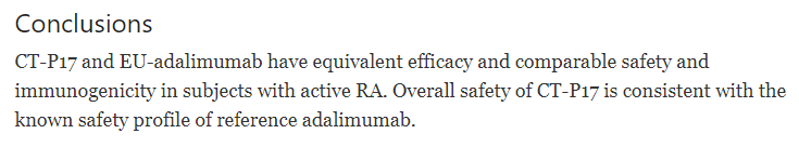  adalimumab EU 바이오 시밀러들과  CT-P17의 효능성(efficacy)와 안전성(safety)를 비교한 논문 / 출처 : BMC