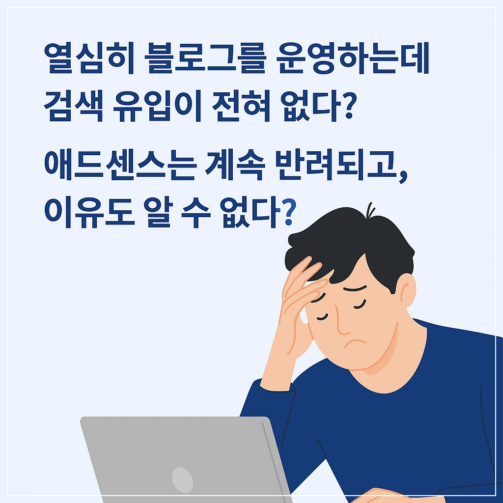 블로그 유입이 없고 애드센스가 반복 반려되어 고민하는 창작자의 모습과 관련 문구가 있는 배너 이미지