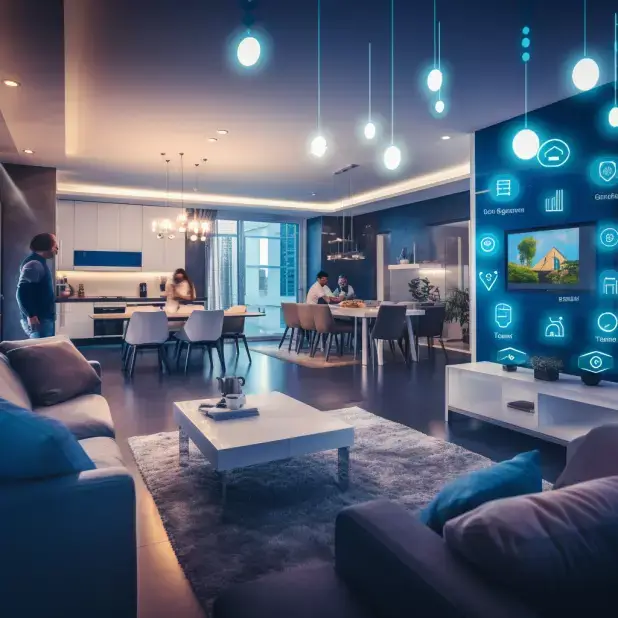 Smart home interior with IoT devices&#44; family in living room with smart thermostat and voice-controlled lights&#44; Canon EOS 5D photography