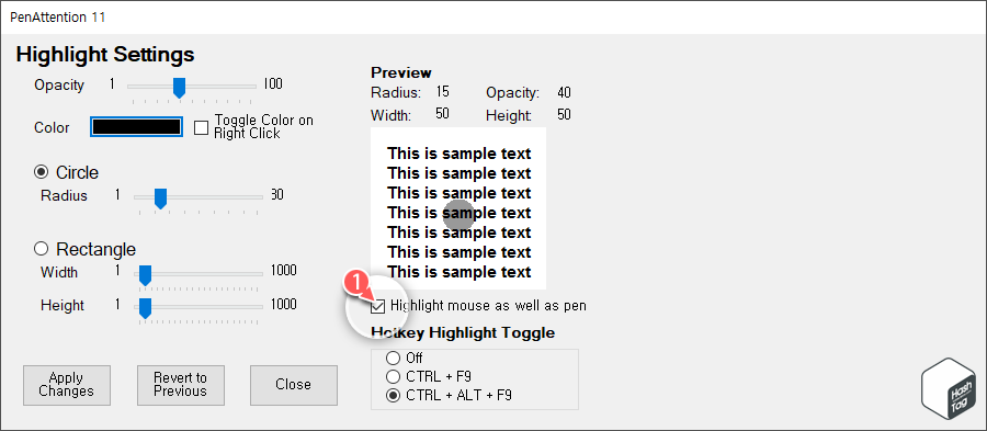"Highlight mouse as well as pen" 활성화