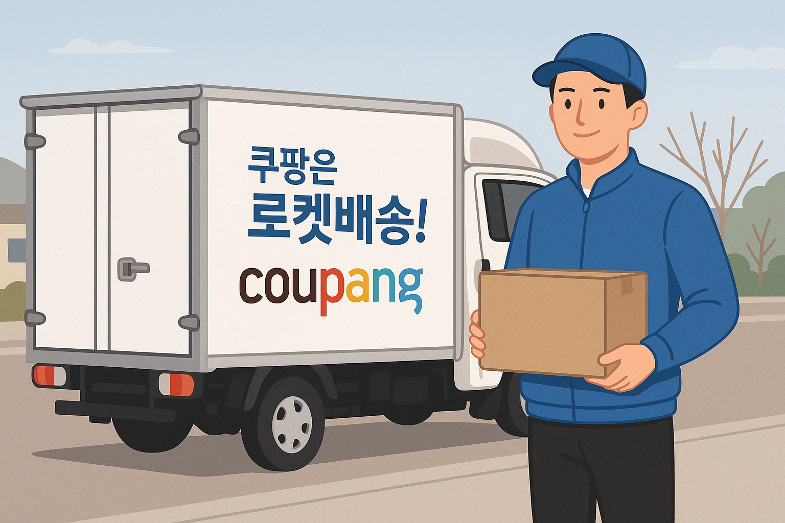 쿠팡 택배기사가 택배차량 옆에 서있는 일러스트