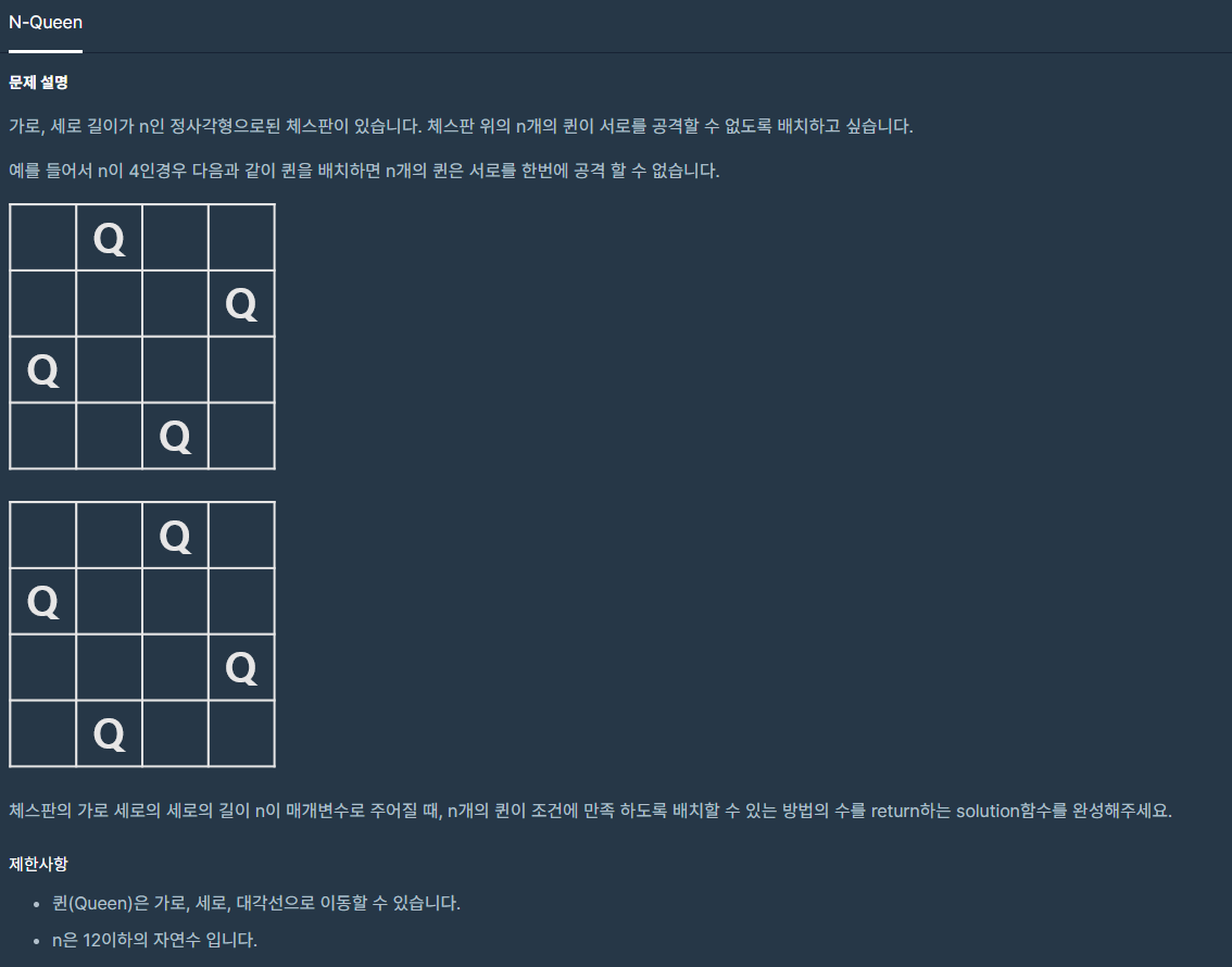  [프로그래머스 Level 2, C++] N-Queen