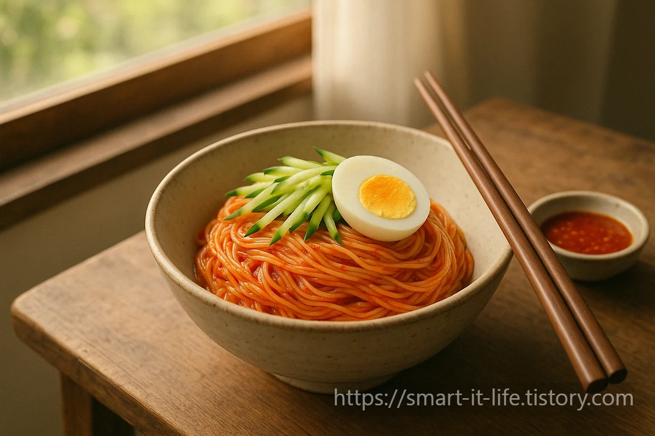 소박한 도자기 그릇에 담긴 1인분 비빔국수