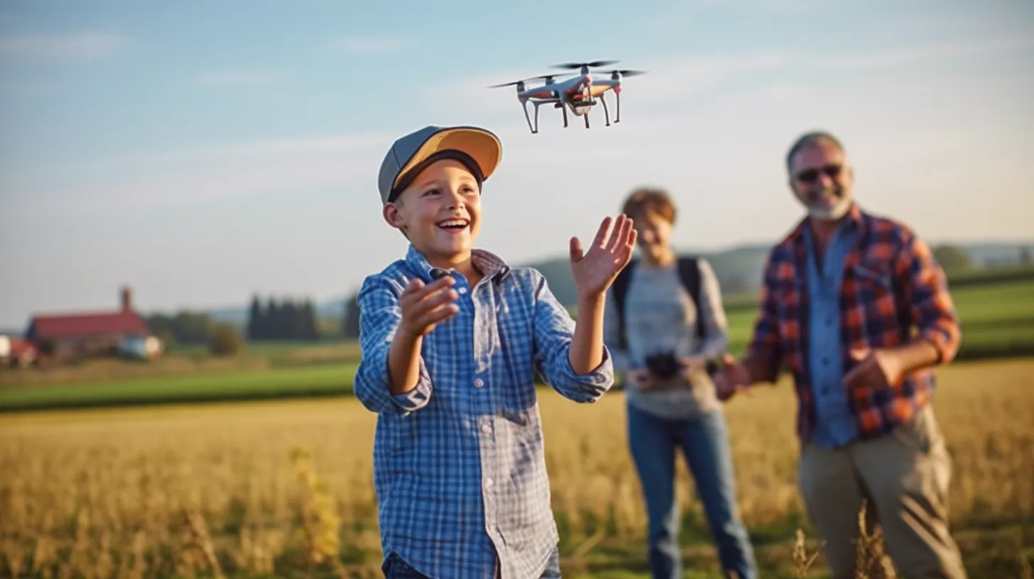 A boy learning to fly a drone with his father in an open field.