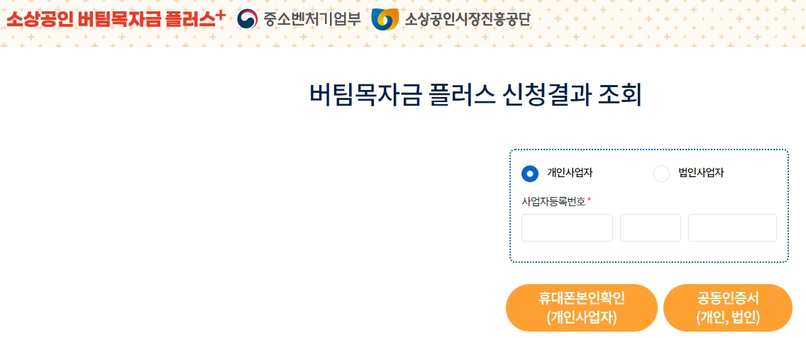 소상공인 버팀목자금 플러스 신청화면