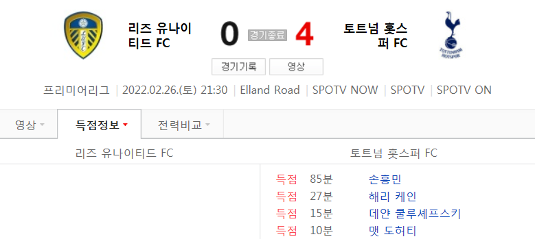  21/22 시즌 EPL 27라운드 - 리즈 VS 토트넘 경기 (손흥민 리그 10호골 영상)