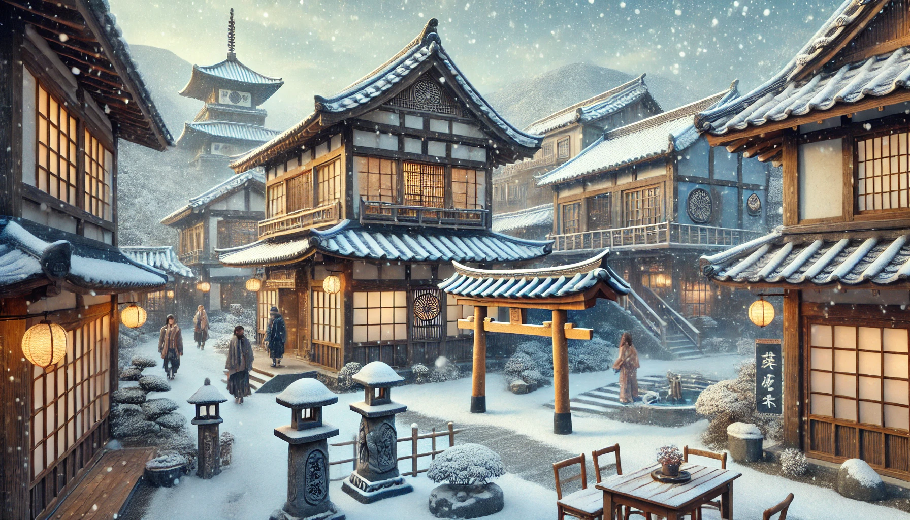 겨울철 눈 덮인 니지모리 스튜디오의 전경. 전통 일본식 건물과 정원, 도리이 게이트가 어우러진 조용하고 운치 있는 풍경.