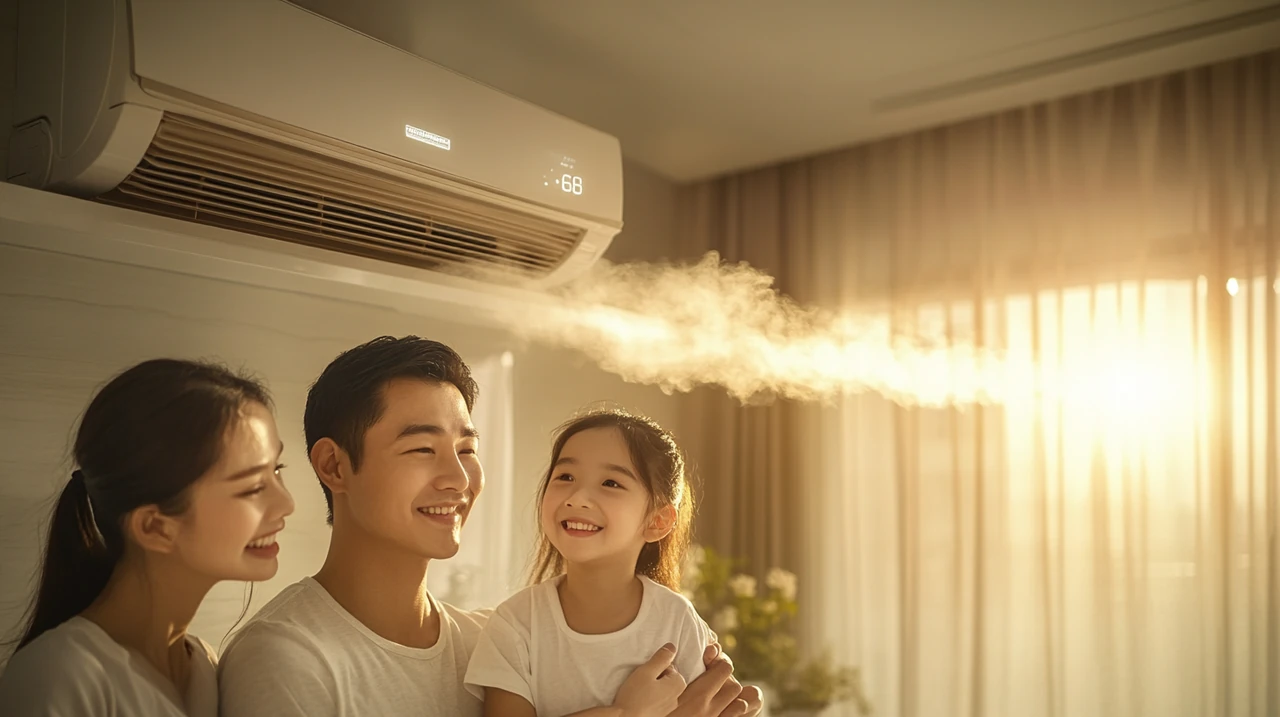 공기 정화 시스템이 장착된 에어컨 덕분에 가족이 현대적인 집에서 먼지 없는 순간을 즐깁니다. 가족의 표정에는 건강과 안락함이 담겨 있습니다.