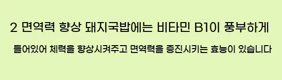  2 면역력 향상 돼지국밥에는 비타민 B1이 풍부하게 들어있어 체력을 향상시켜주고 면역력을 증진시키는 효능이 있습니다