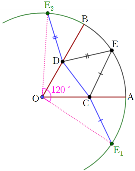 두 직선 OA&#44; OB에 대하여 점 E를 대칭이동한 그림