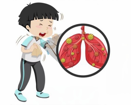 어린이가 기침을 하는 모습과 폐의 바이러스 삽화이미지