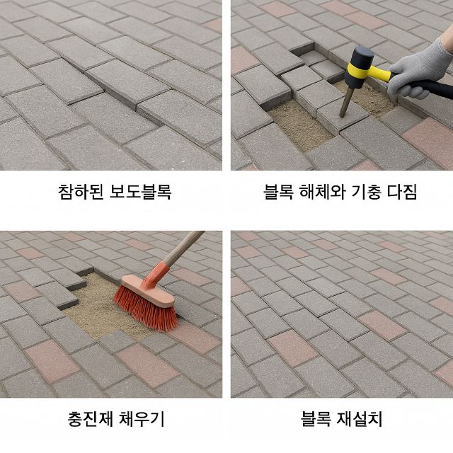침하된 보도블록 보수과정, 블록 해체와 기층 다짐, 충진재 채우기, 블록 재설치 단계별 시공 모습.