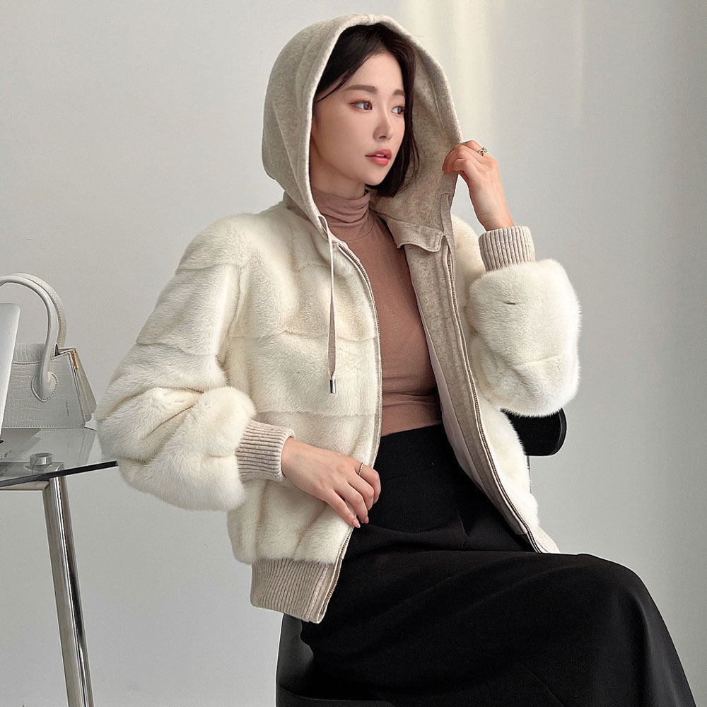 호리젠탈 밍크 하프 후드 코트 탈부착 캐시미어 집업 모피 자켓